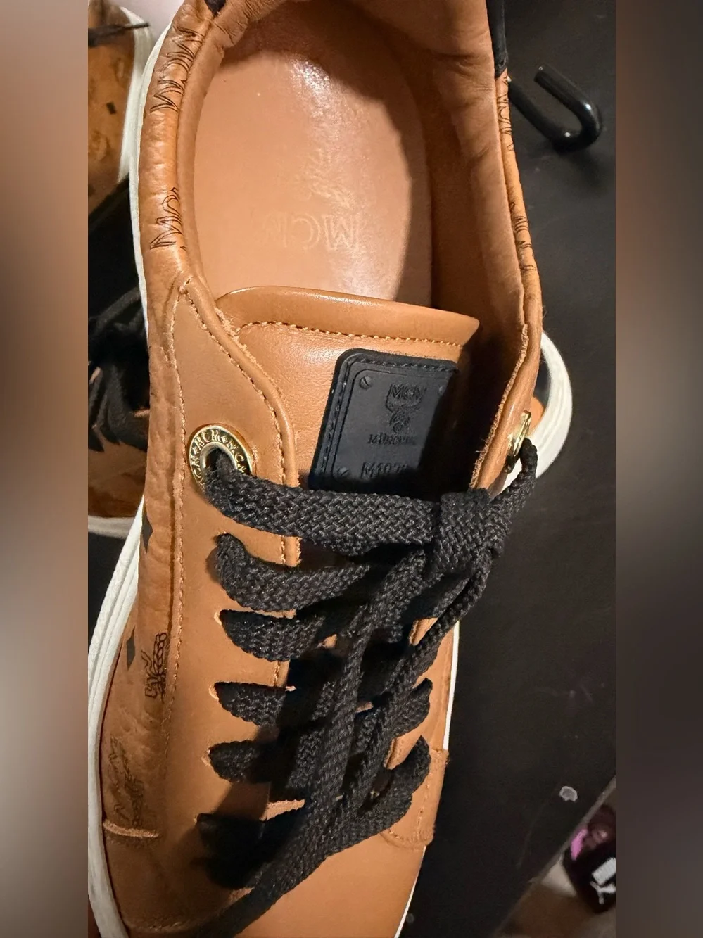 MCM Cognac Brown Logo Low-Top Sneakers with Black Laces